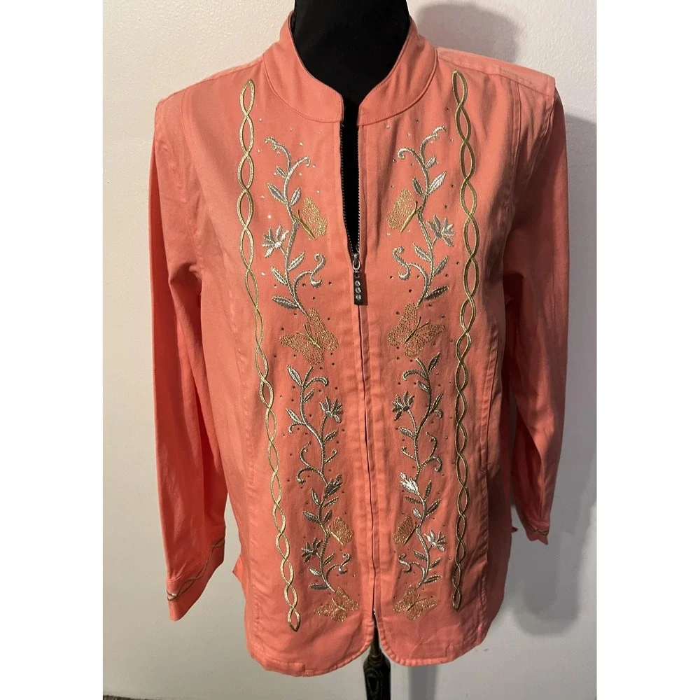 Quacker Factory Jacket Womens Medium Pink Embroidered Butterfly Floral Full Zip‎